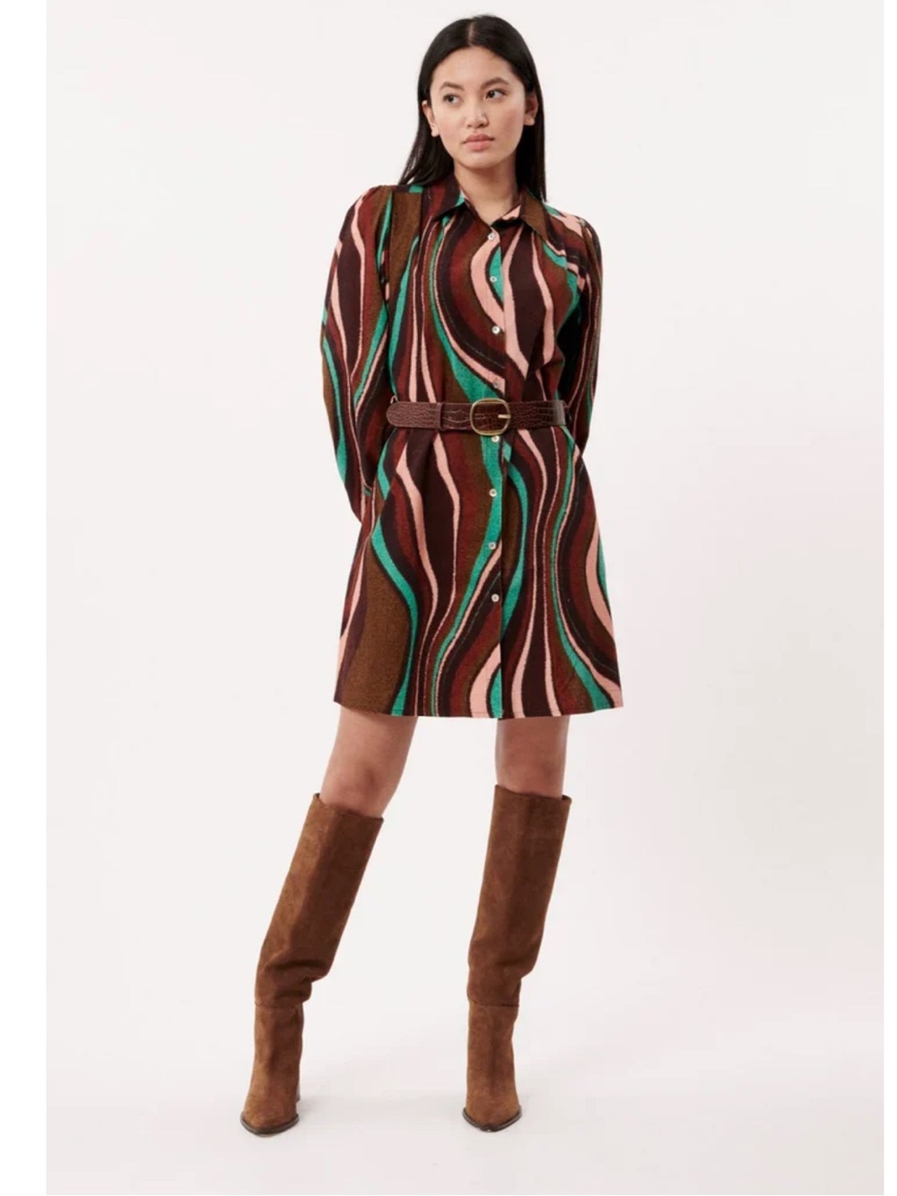 Wavy Stripe Button-Front corduroy Mini Dress in Brown, Teal & Pink